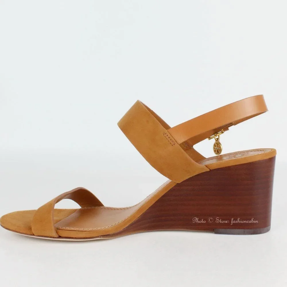 NEW Tory Burch Mini Benton Wedged Suede Leather Sandals, Ambra, US 10